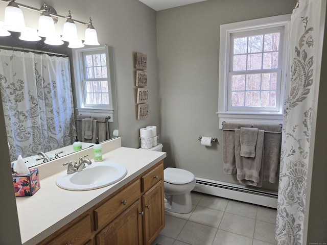 full bathroom with tile patterned floors, a baseboard heating unit, toilet, and vanity