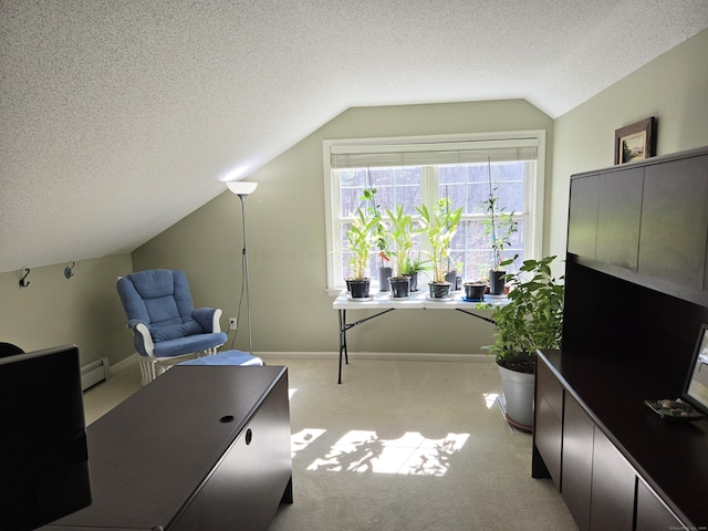 home office featuring a baseboard heating unit, lofted ceiling, a textured ceiling, and light carpet