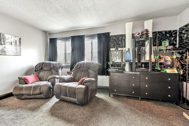 interior space with a textured ceiling, baseboards, and dark colored carpet