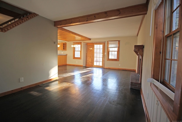 unfurnished living room featuring lofted ceiling with beams, baseboards, visible vents, and dark wood-style flooring