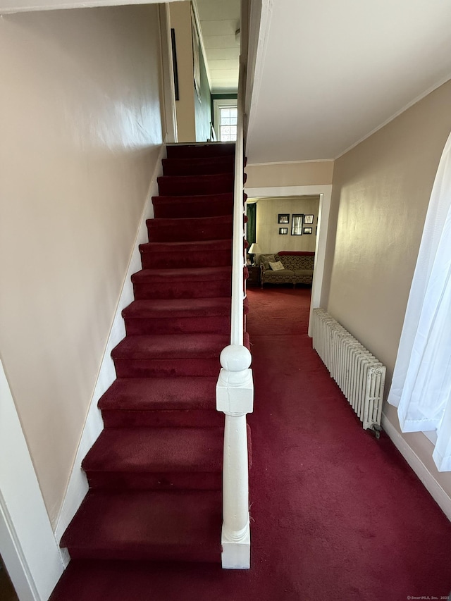 staircase with carpet flooring, radiator heating unit, and baseboards