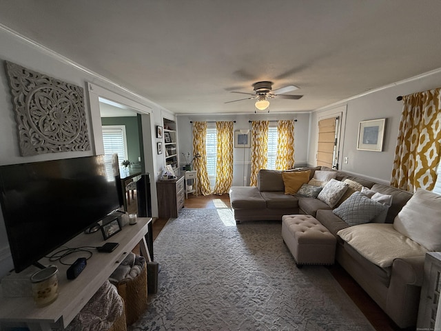 living room featuring a wealth of natural light, wood finished floors, ceiling fan, and ornamental molding