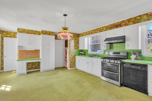 kitchen with ventilation hood, wallpapered walls, range with two ovens, white cabinets, and dishwasher