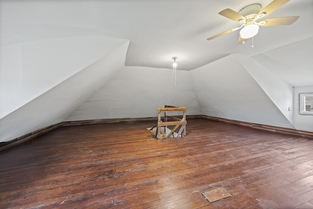 bonus room with vaulted ceiling, ceiling fan, and hardwood / wood-style floors