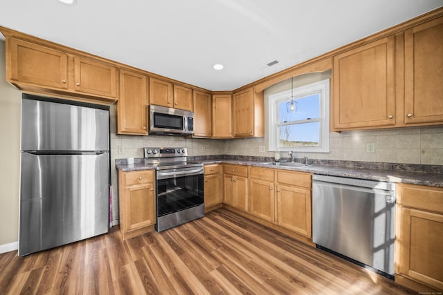 kitchen featuring dark countertops, dark wood finished floors, stainless steel appliances, and a sink