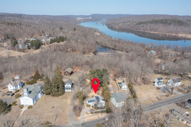 drone / aerial view with a view of trees and a water view