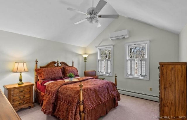 carpeted bedroom with a wall mounted AC, lofted ceiling, ceiling fan, and a baseboard radiator