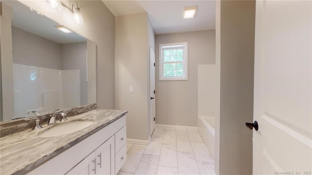 full bathroom featuring vanity, baseboards, a shower, a bath, and marble finish floor