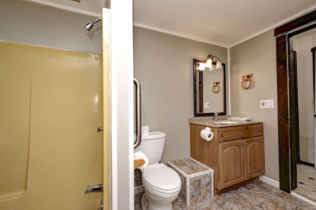 full bath featuring crown molding, toilet, vanity, and walk in shower