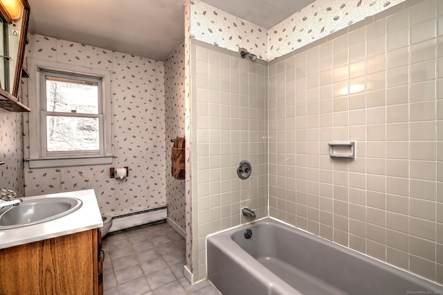 bathroom with vanity, wallpapered walls,  shower combination, tile patterned floors, and baseboard heating