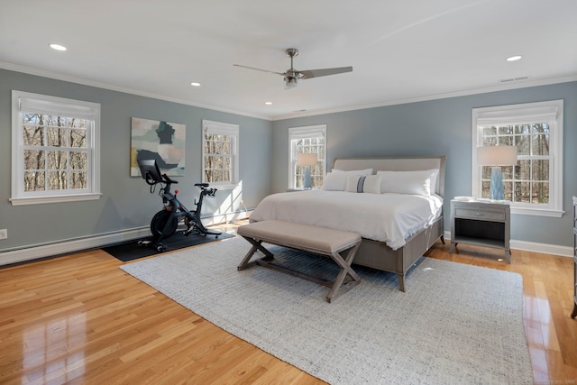 bedroom with baseboards, ornamental molding, recessed lighting, wood finished floors, and a ceiling fan