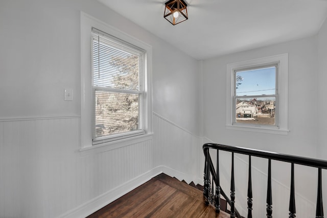 interior space featuring wood finished floors and wainscoting