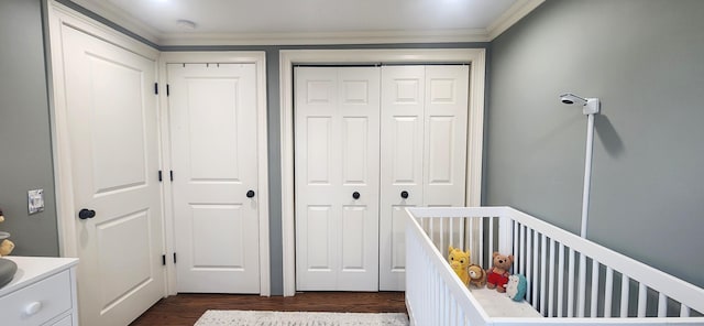 bedroom featuring two closets, a nursery area, and dark wood-style flooring