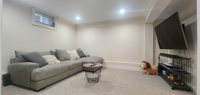 living area with carpet flooring, crown molding, and baseboards