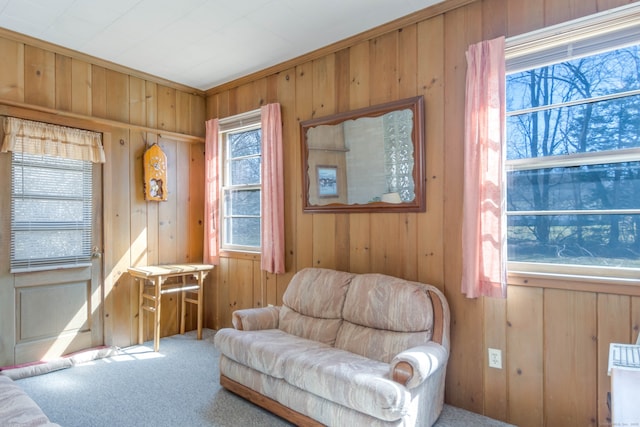 carpeted living area with wooden walls