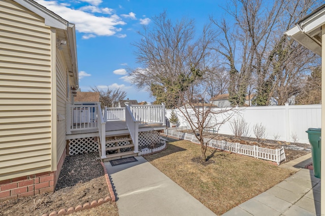 view of yard featuring a fenced backyard and a wooden deck