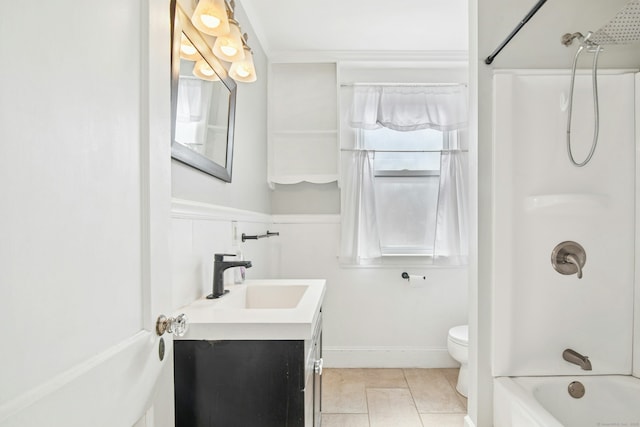 full bathroom with vanity, baseboards, tile patterned flooring, shower / washtub combination, and toilet