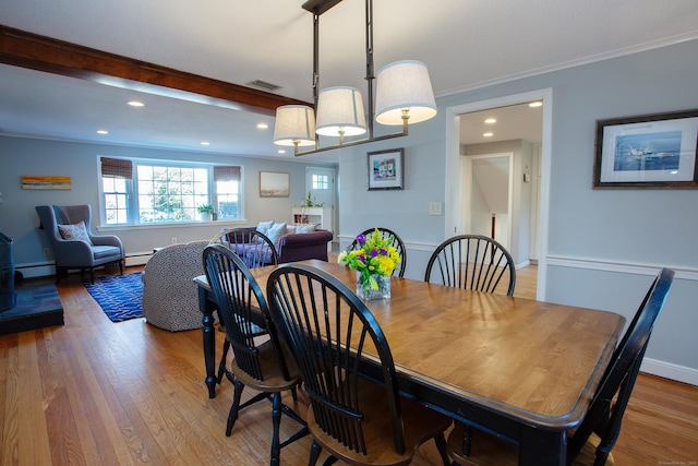 dining area featuring visible vents, ornamental molding, wood finished floors, recessed lighting, and baseboards