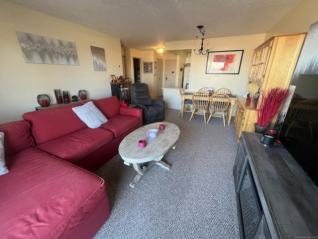 carpeted living room featuring a textured ceiling