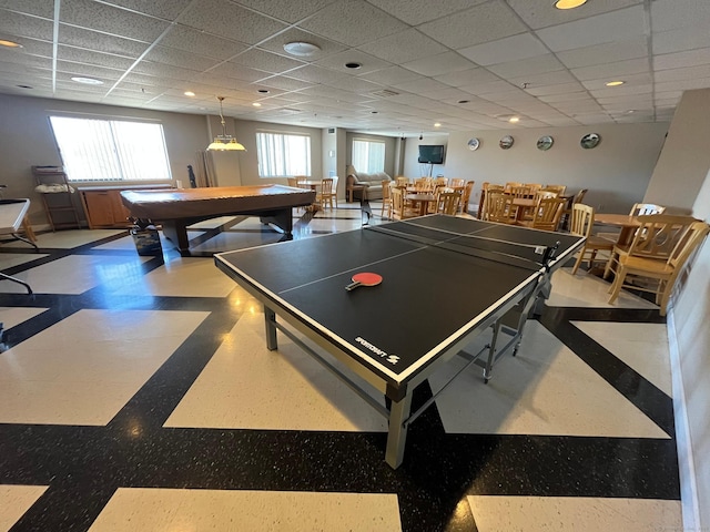 playroom featuring a drop ceiling and billiards