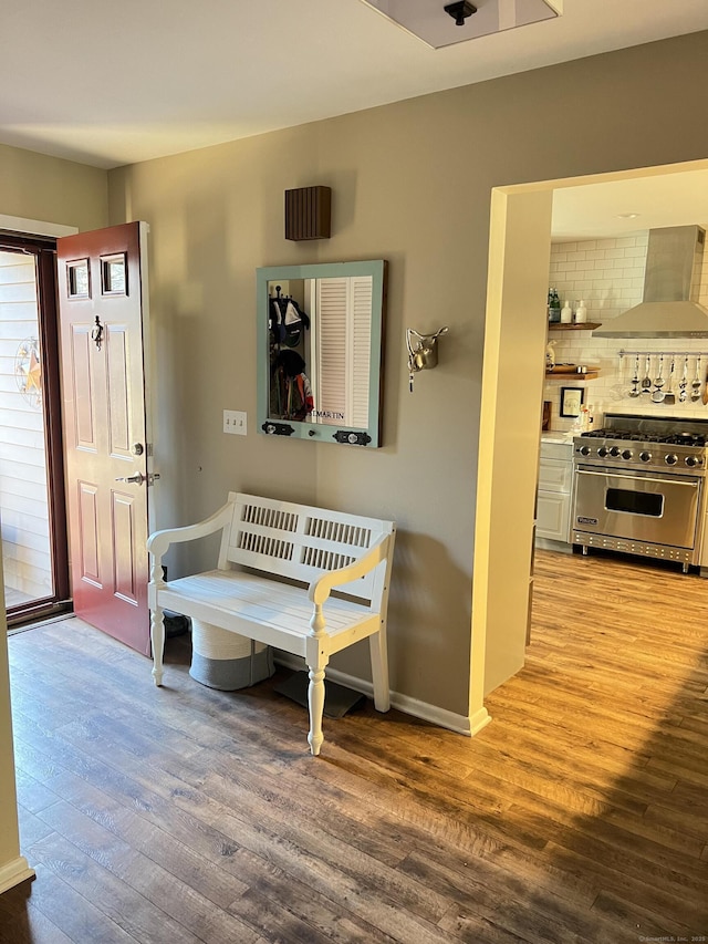 entrance foyer with baseboards and wood finished floors