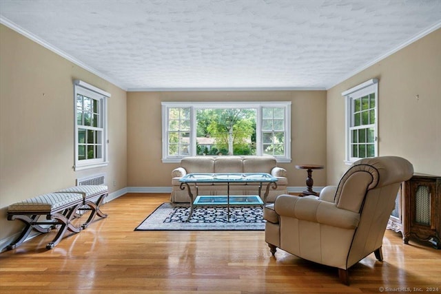 living area featuring crown molding, baseboards, and wood finished floors