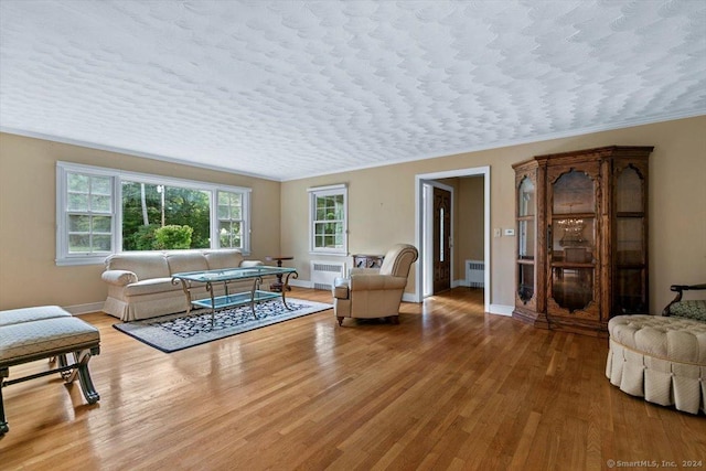 living area with baseboards, radiator heating unit, and light wood-style floors