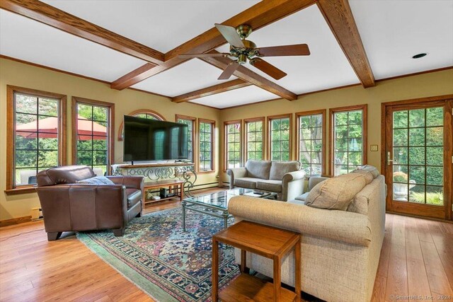 living room featuring beamed ceiling, a healthy amount of sunlight, baseboards, and light wood-style floors