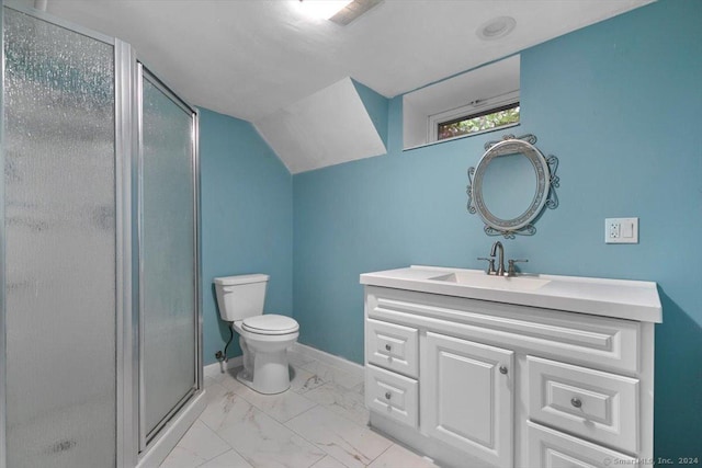 full bath with baseboards, toilet, lofted ceiling, a stall shower, and marble finish floor