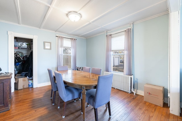 dining space with radiator heating unit, baseboards, and wood-type flooring