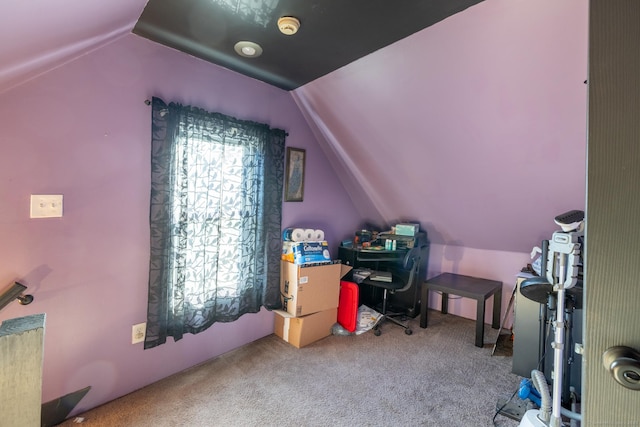 carpeted office with vaulted ceiling