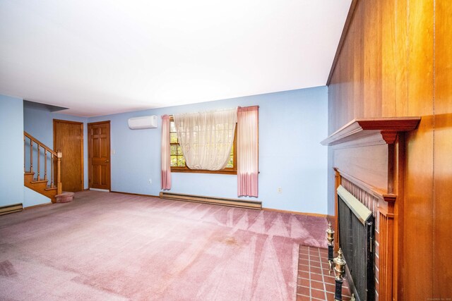 27 Mountain View Dr, East Hartford, CT 06117 - unfurnished living room with baseboard heating, a fireplace with flush hearth, stairs, carpet, and a wall mounted air conditioner