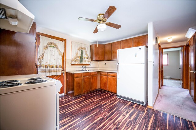 27 Mountain View Dr, East Hartford, CT 06117 - kitchen featuring white appliances, extractor fan, ceiling fan, light countertops, and brown cabinetry