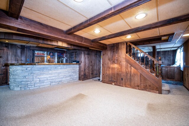 27 Mountain View Dr, East Hartford, CT 06117 - below grade area featuring wood walls, stairs, carpet floors, and recessed lighting