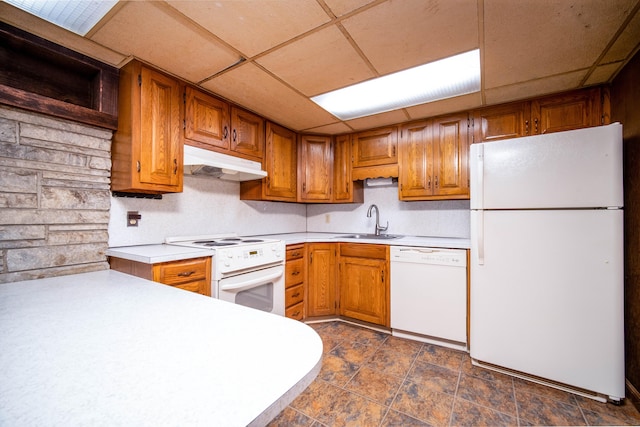 27 Mountain View Dr, East Hartford, CT 06117 - kitchen with white appliances, under cabinet range hood, a paneled ceiling, light countertops, and brown cabinets