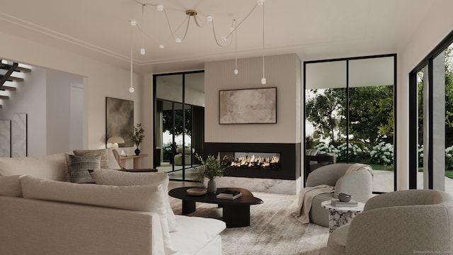 living room with a multi sided fireplace