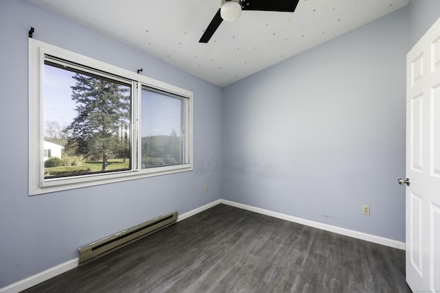 unfurnished room featuring ceiling fan, a baseboard radiator, baseboards, and wood finished floors