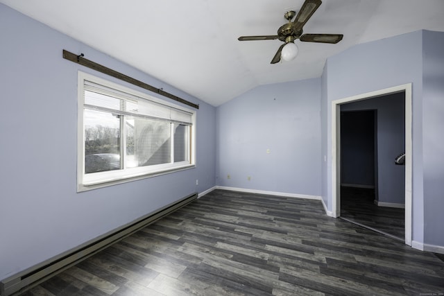 unfurnished room featuring wood finished floors, a baseboard heating unit, baseboards, and vaulted ceiling