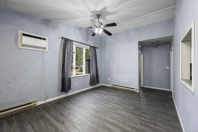 unfurnished room with dark wood finished floors, a wall unit AC, baseboards, and a baseboard radiator