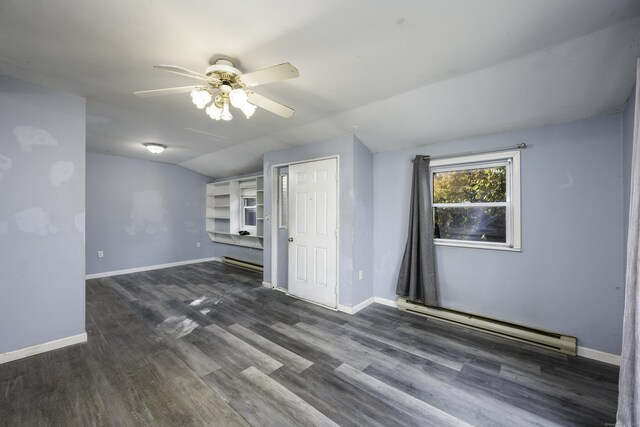 unfurnished living room with dark wood-style floors, baseboards, lofted ceiling, ceiling fan, and a baseboard heating unit