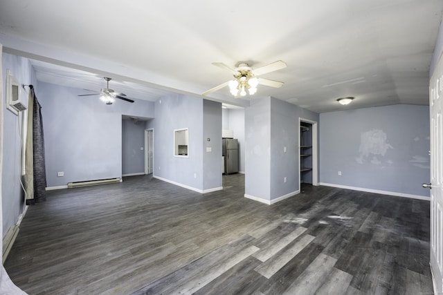 unfurnished living room with baseboards, lofted ceiling, dark wood-style floors, a ceiling fan, and a baseboard radiator