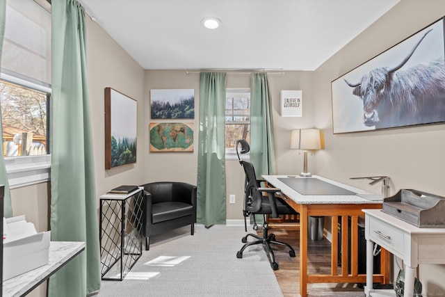 office featuring wood finished floors, recessed lighting, and baseboards