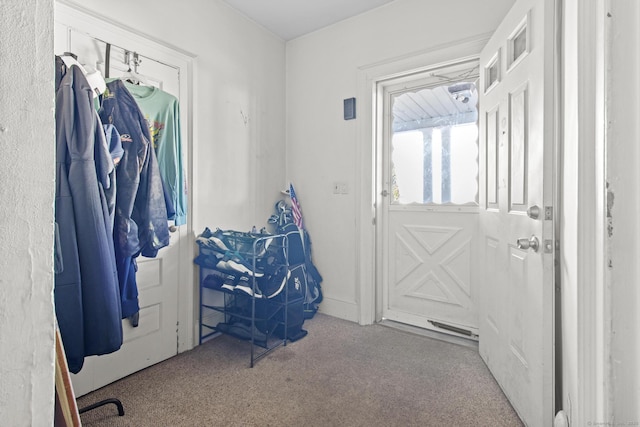 doorway with carpet flooring