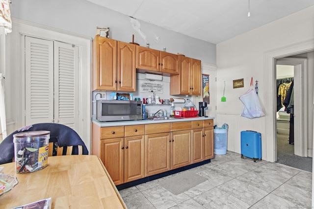 kitchen with a sink, stainless steel microwave, a wainscoted wall, and light countertops