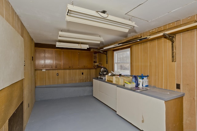 basement with a garage and wooden walls