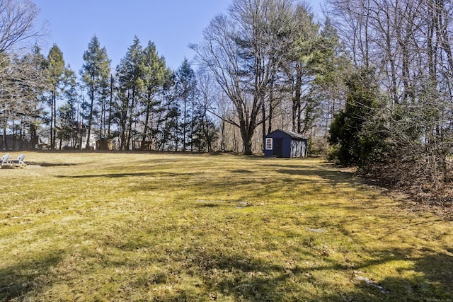 view of yard with an outbuilding and a shed