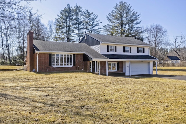 traditional-style house with an attached garage, a shingled roof, a chimney, a front lawn, and brick siding