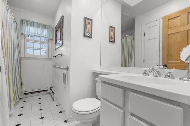 bathroom featuring tile patterned floors, toilet, a baseboard heating unit, baseboard heating, and vanity