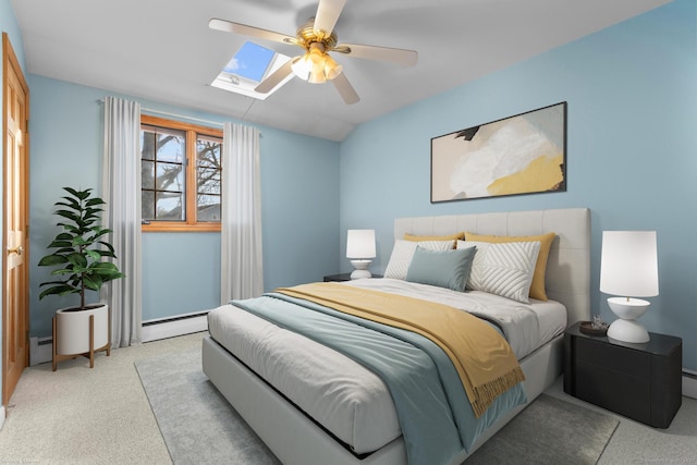 bedroom featuring a ceiling fan, a skylight, a baseboard heating unit, carpet flooring, and baseboard heating