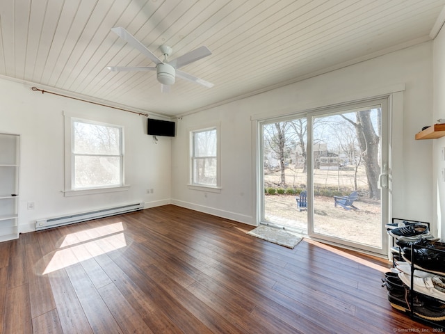 interior space featuring a baseboard heating unit, baseboards, ceiling fan, wooden ceiling, and dark wood-style flooring